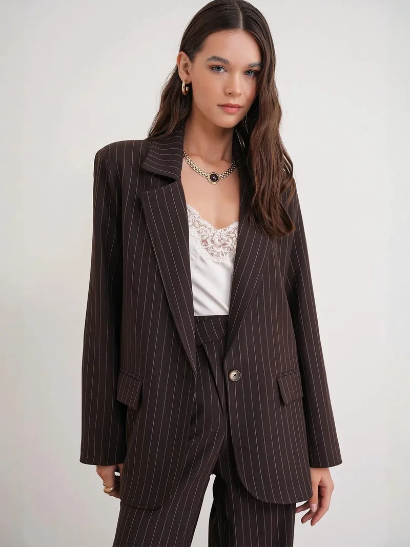 MixRay Coffee Brown MIXRAY Striped Oversize Blazer for Women | Best Price UAE